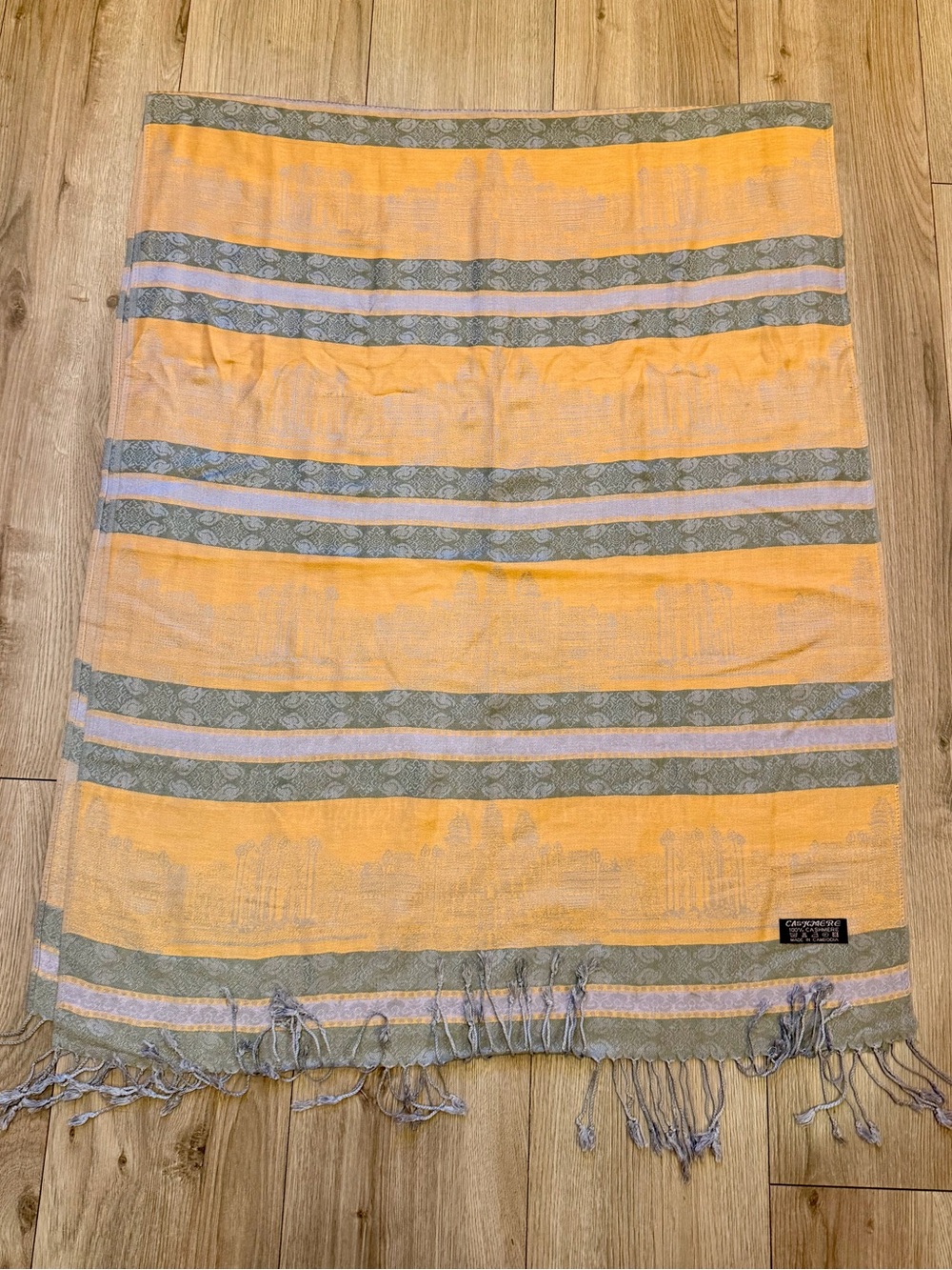 Cambodian Angkor Wat Motif Scarf ~ Boho Fringed Shawl Wrap